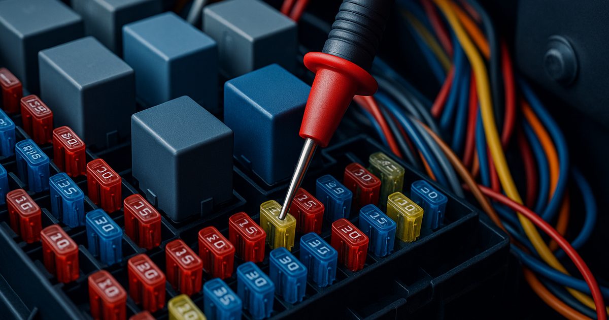 Close-up of an ambulance fuse and relay panel with a multimeter probe