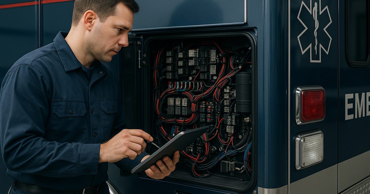 Technician inspecting the open electrical service bay of an ambulance with a tablet