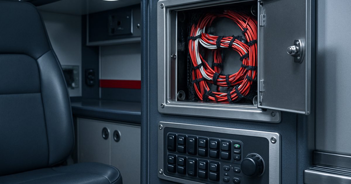 Interior ambulance module control panel with bundled wiring behind an access panel