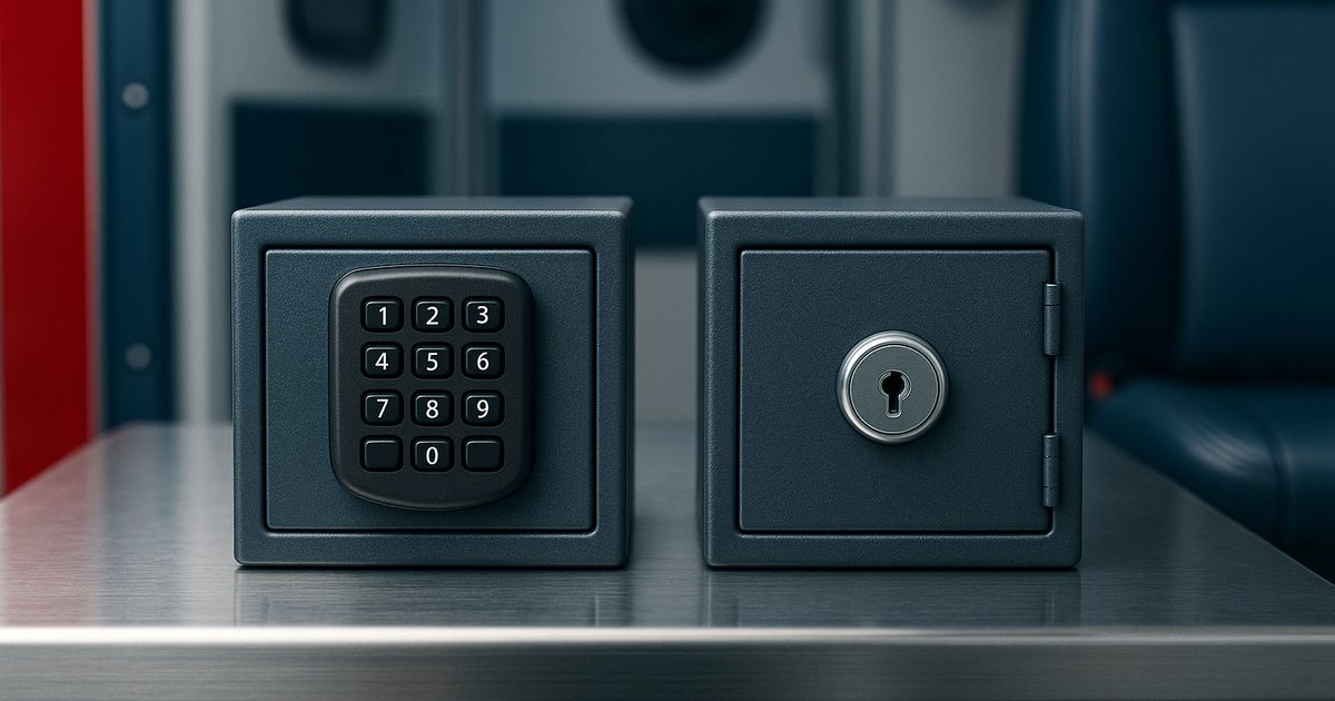 An electronic keypad lockbox next to a standard key lockbox on an ambulance cabinet
