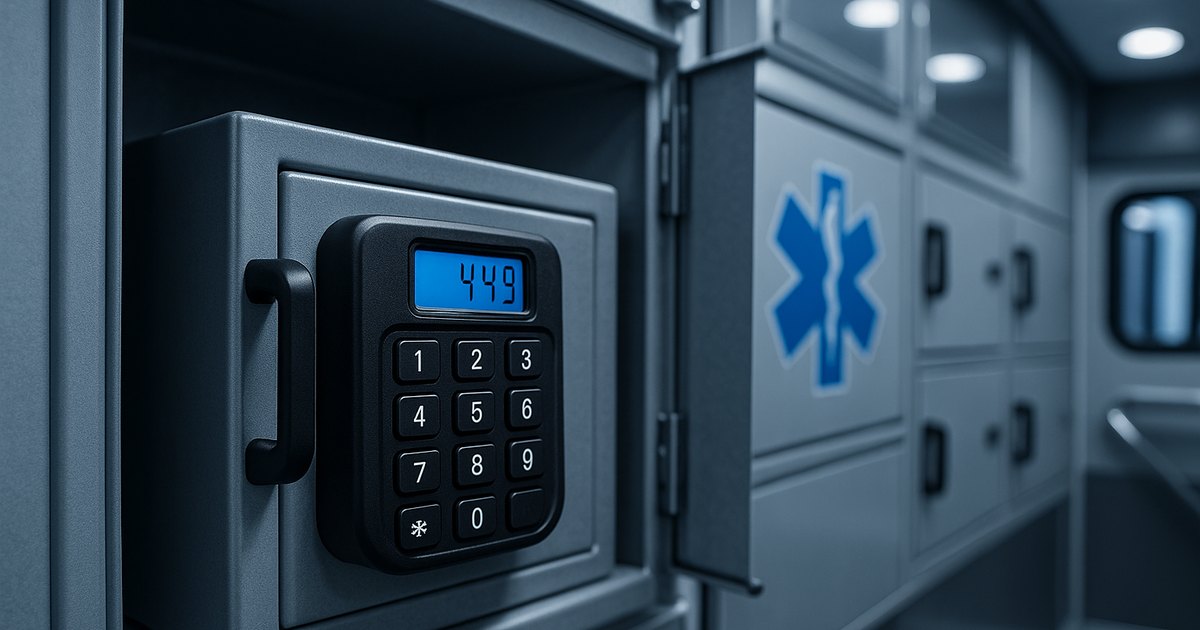 Electronic keypad narcotics box mounted inside an ambulance cabinet with more CompX eLock cabinets behind it