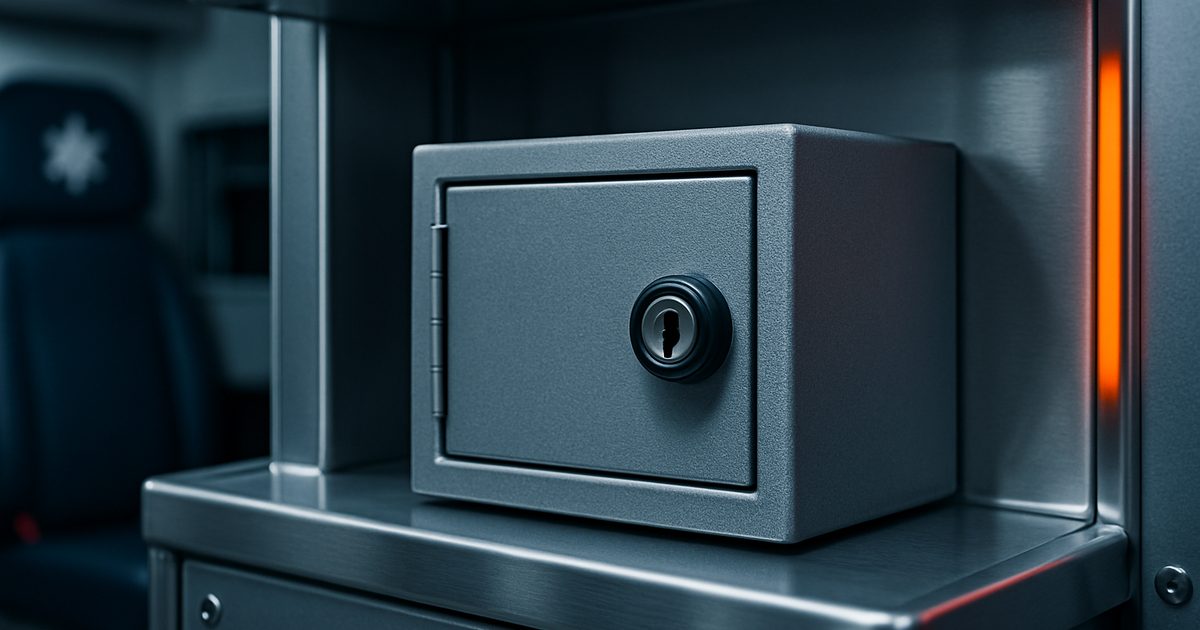A locked steel narcotics box mounted inside an ambulance cabinet