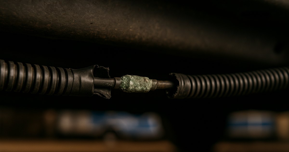 Corroded inline wire splice exposed inside a split-loom harness under an ambulance