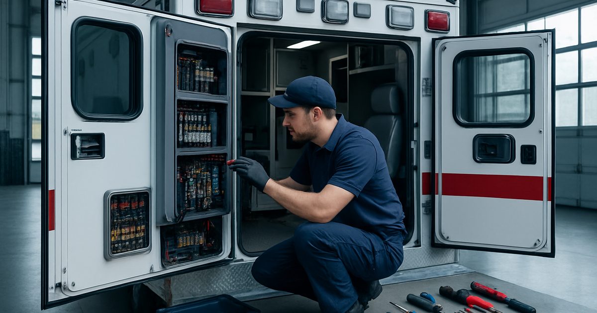 Technician repairing an ambulance electrical bay inside a fire station