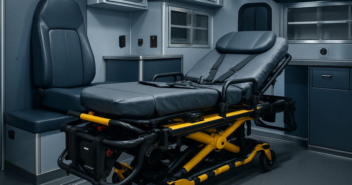 A powered stretcher cot secured on its mount inside an ambulance