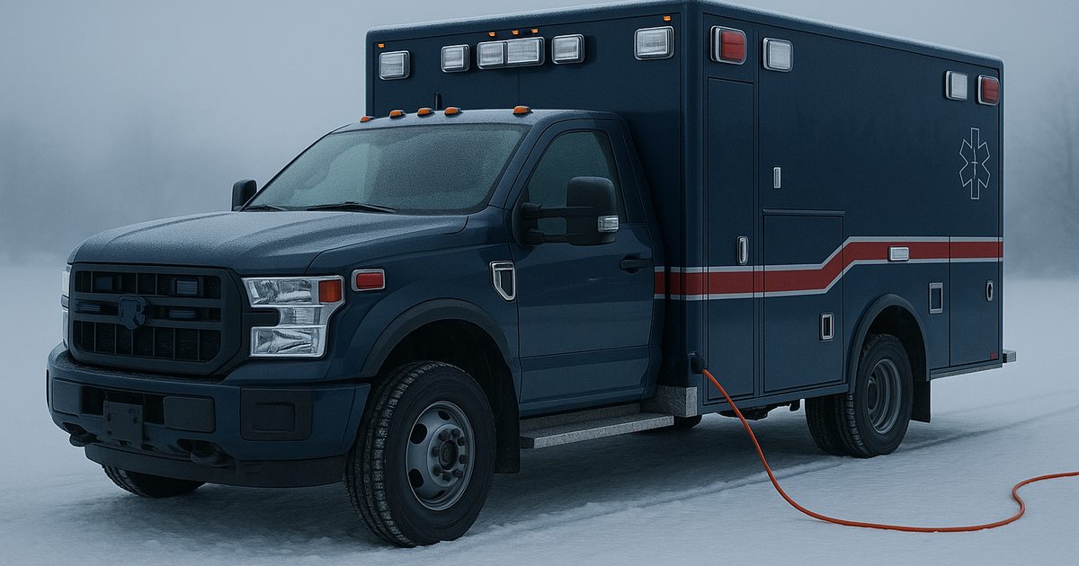 An ambulance parked in snow on a cold winter morning plugged into shore power
