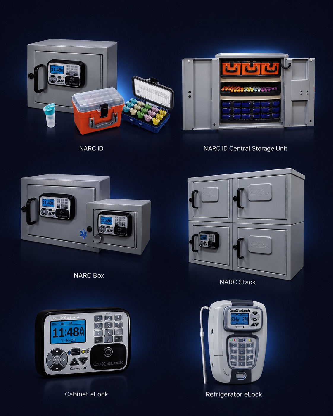 CompX eLock product lineup for EMS: NARC iD, NARC iD Central Storage Unit, NARC Box, NARC Stack, Cabinet eLock, and Refrigerator eLock
