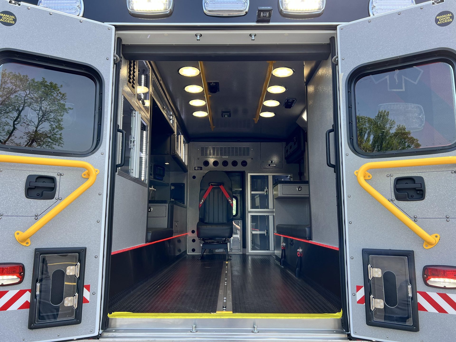 Interior of a freshly serviced ambulance patient compartment